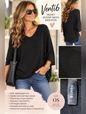 Venti6 Black Heart Pattern Scoop Neck Sweater Size OS